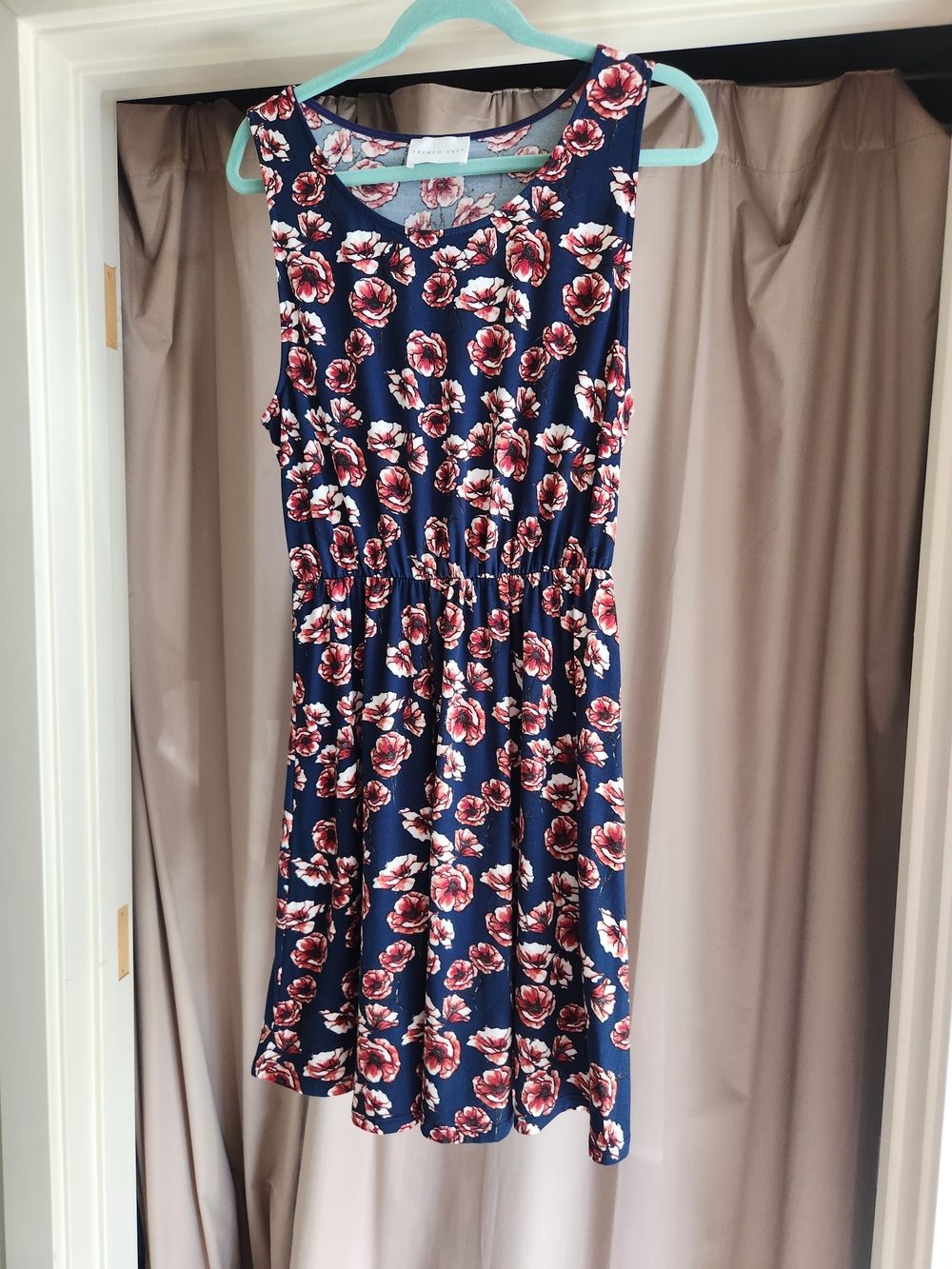 French Grey Navy Floral Scoop Neck Dress